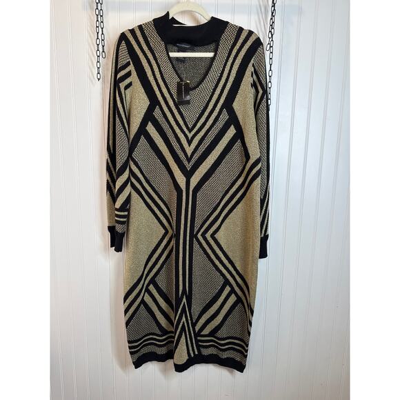 Ashley Stewart Dresses & Skirts - NWT Ashley Stewart Sweater Dress Lurex Geo Pale Gold Metallic Midi Size 14-16